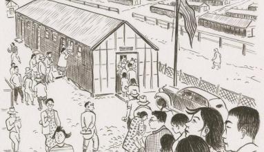 drawing of a long line of encarcerees to the barrack